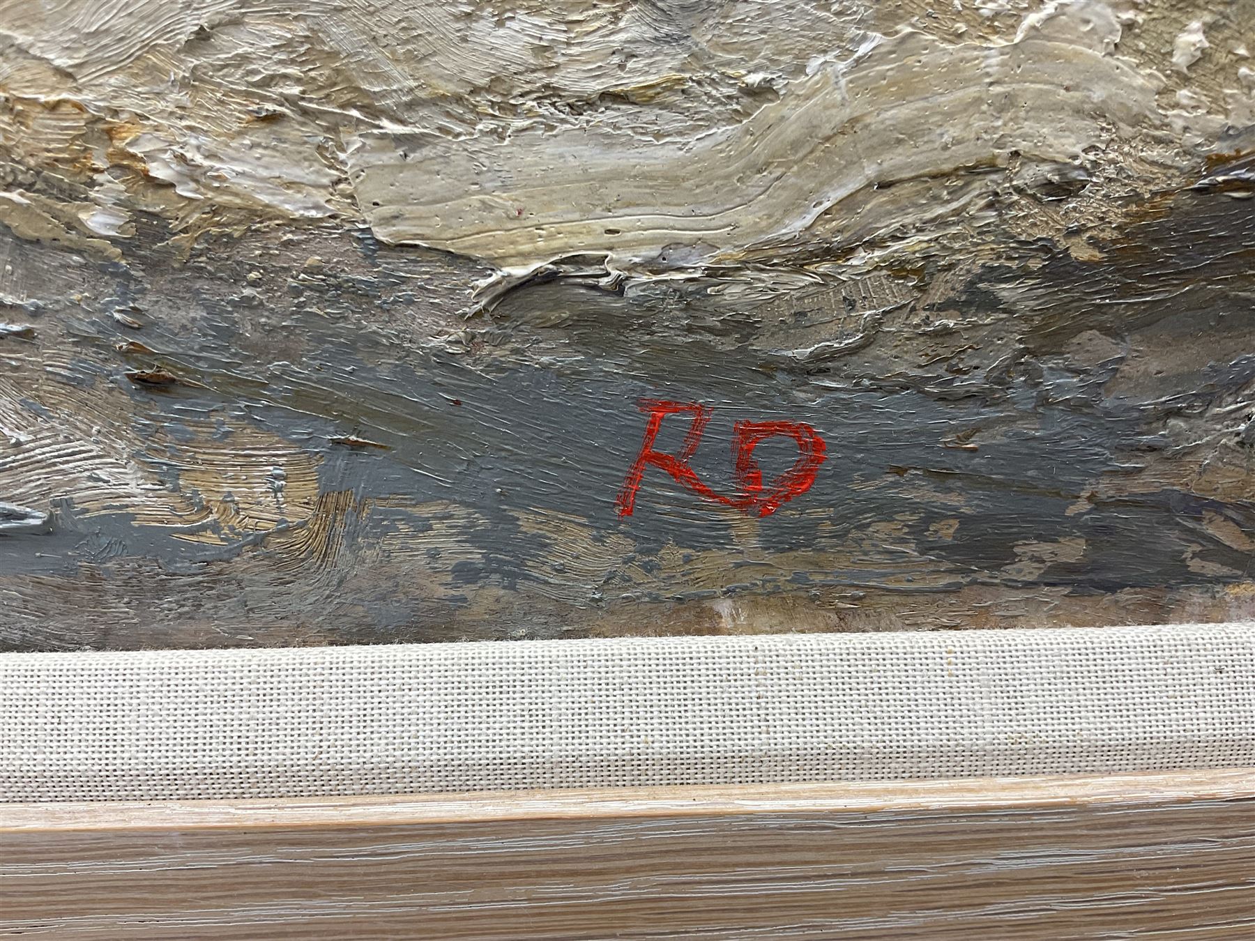 Robert Dawson (British 1926-1997): 'Snow at High Edge', oil on board signed with initials, titled on gallery label verso 67cm x 90cm 
Provenance: with the Goldmark Gallery, Uppingham, label verso