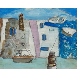 St Ives School (Late 20th century): 'Boats and Mine Stacks Cornwall', oil on board unsigned, titled verso 23cm x 28cm