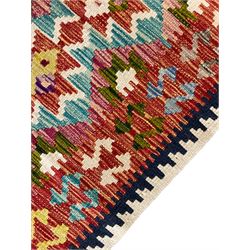 Chobi kilim runner, ivory ground with multi-colour lozenge and geometric design