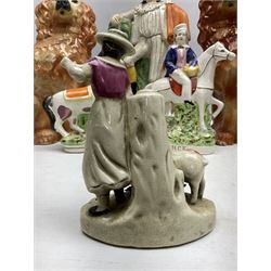 Group of Victorian and later Staffordshire style figures, to include two dogs, Prince upon horse back, horse with pink lustre patches, tall figure of a man beside his dog etc, tallest H41cm