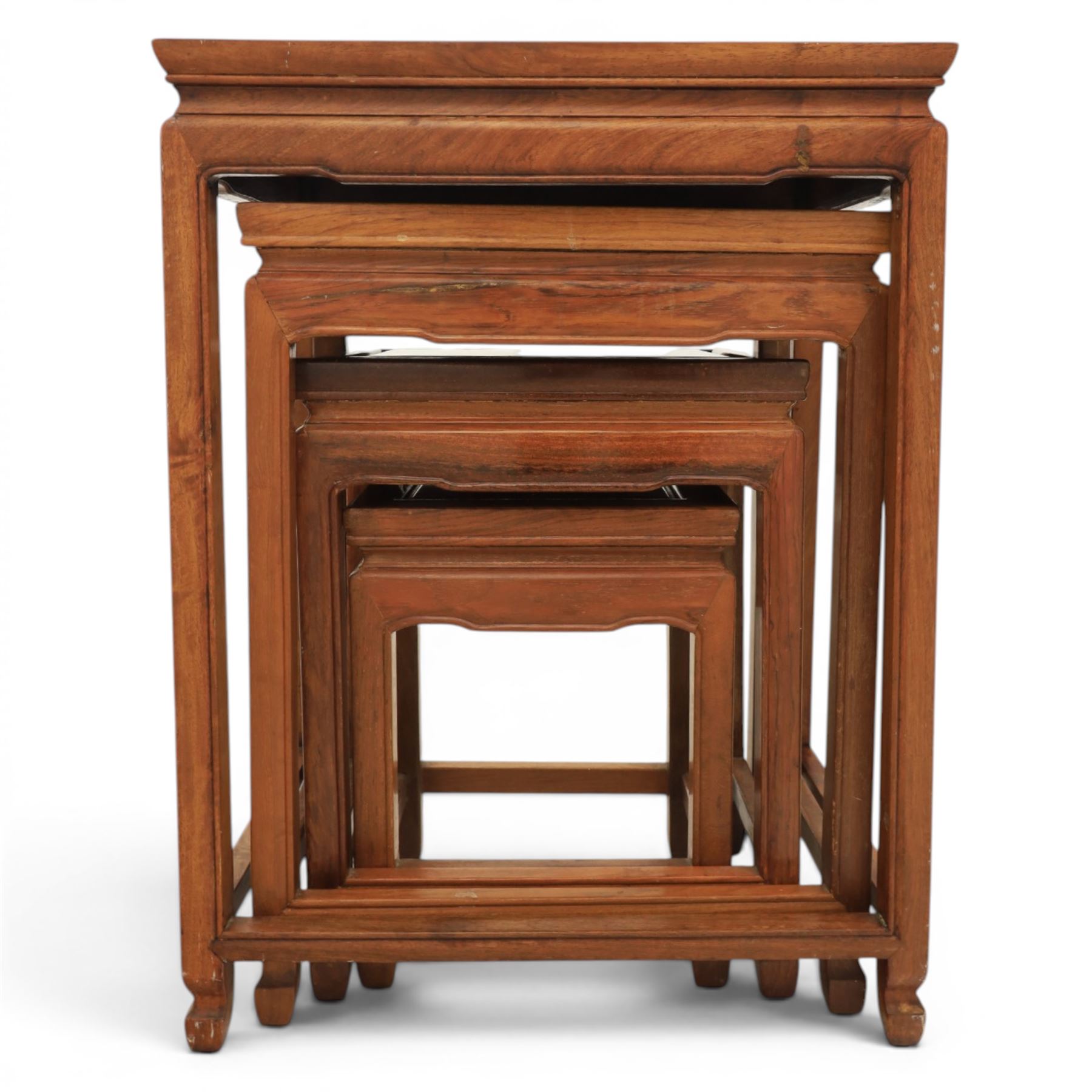 Chinese hardwood quartetto nest of tables, moulded rectangular top, square tapering legs terminating in spade feet