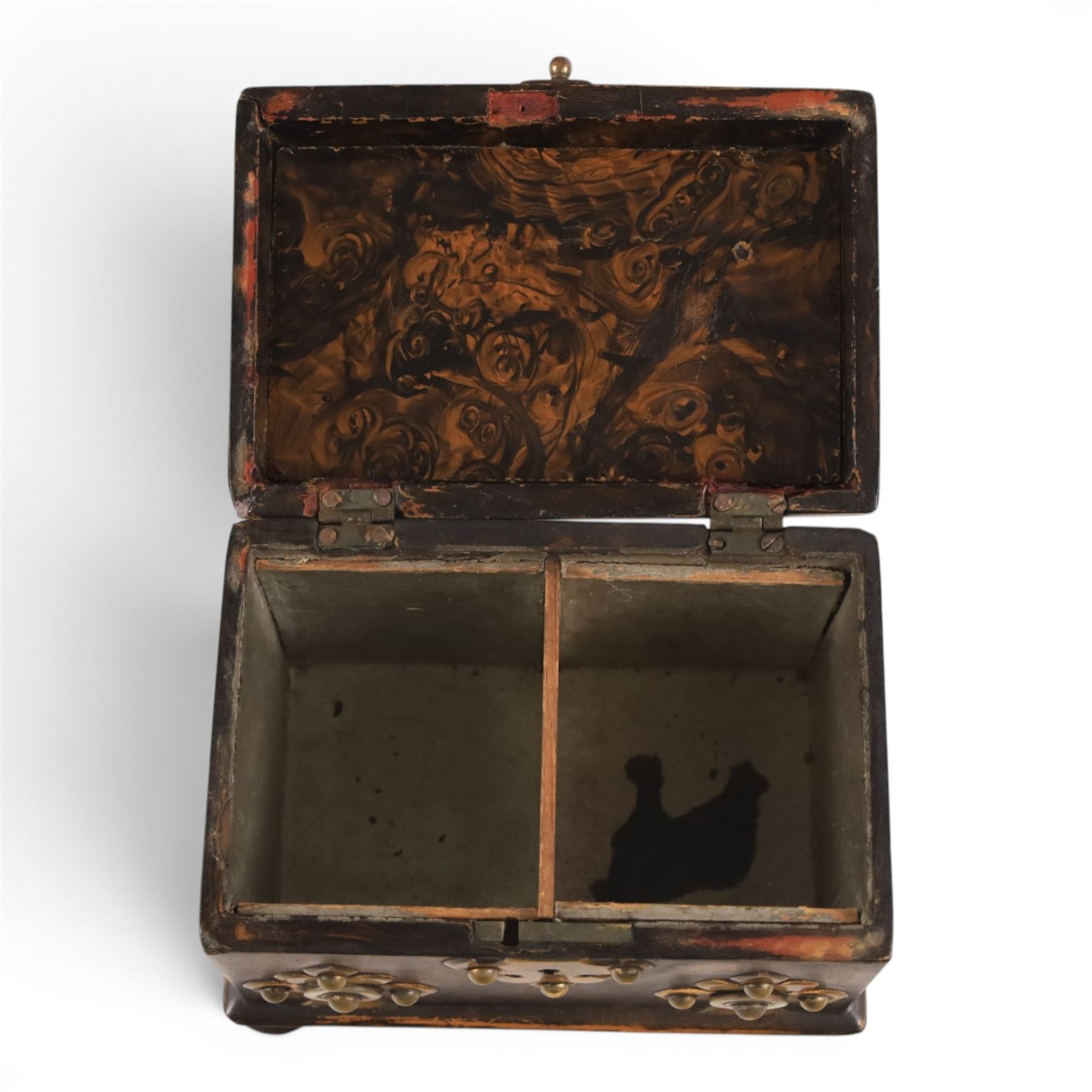 19th century tea caddy, with enhanced woodgrain design,  with brass and mother of pearl mounts, H13cm, L16cm