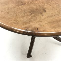*19th century mahogany centre table, circular tilt top on collar turned column, three out splayed supports with brass castors, D103cm, H71cm