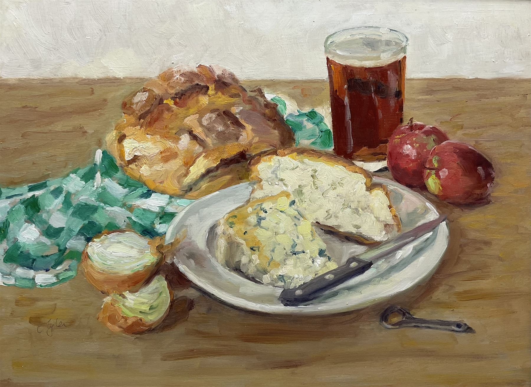 Catherine Tyler (British 1949-): 'Still Life - Ploughman's Lunch', oil on board signed, titled verso 47cm x 63cm