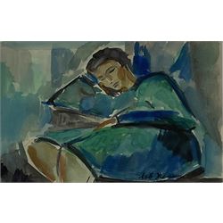 Lev Feodorovich Zhegin (Russian 1892-1969): Girl Reading, watercolour signed 17cm x 26 cm
