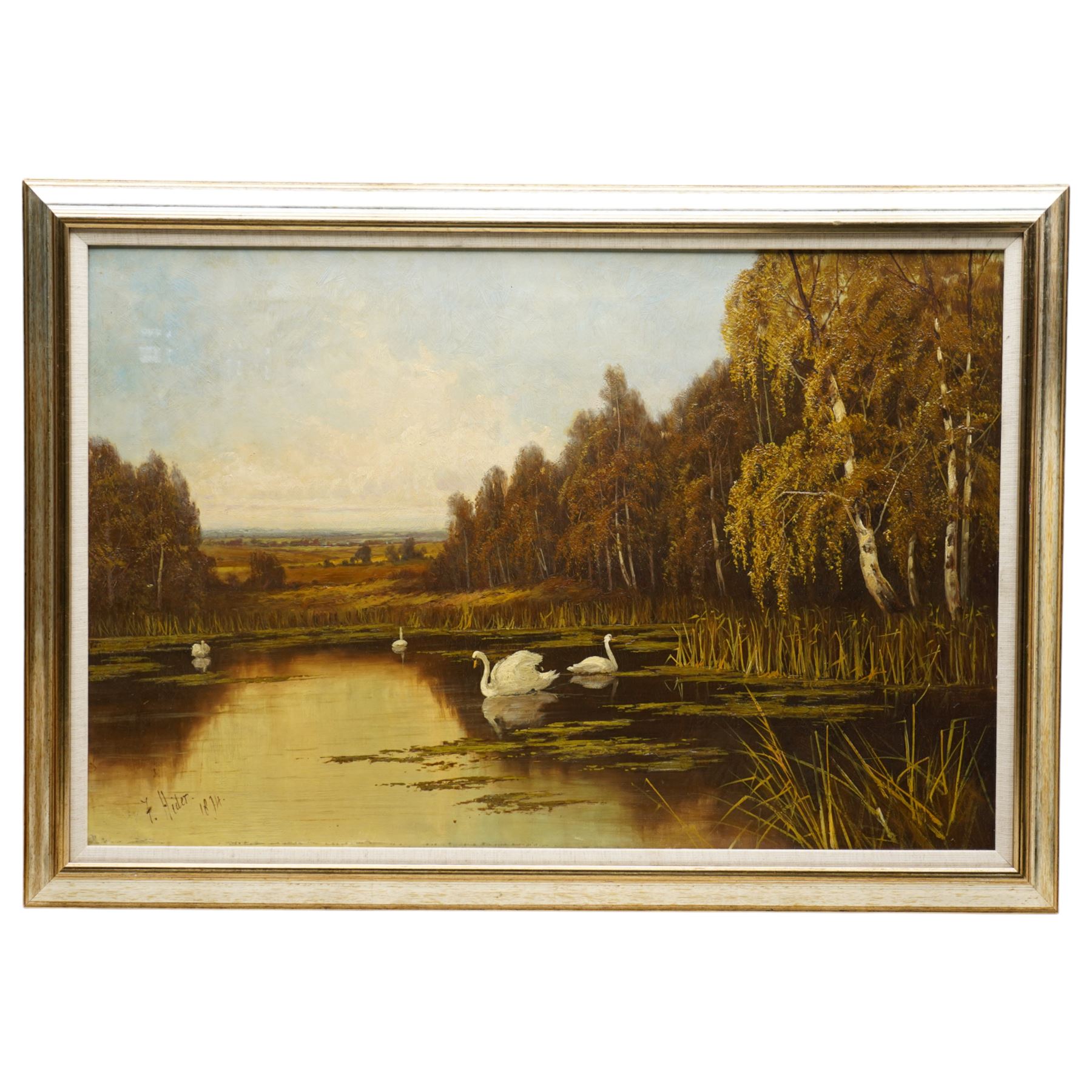 Frank Hider (British 1861-1933): Lake Landscape with Swans, oil on canvas signed and dated 1894, 50cm x 75cm