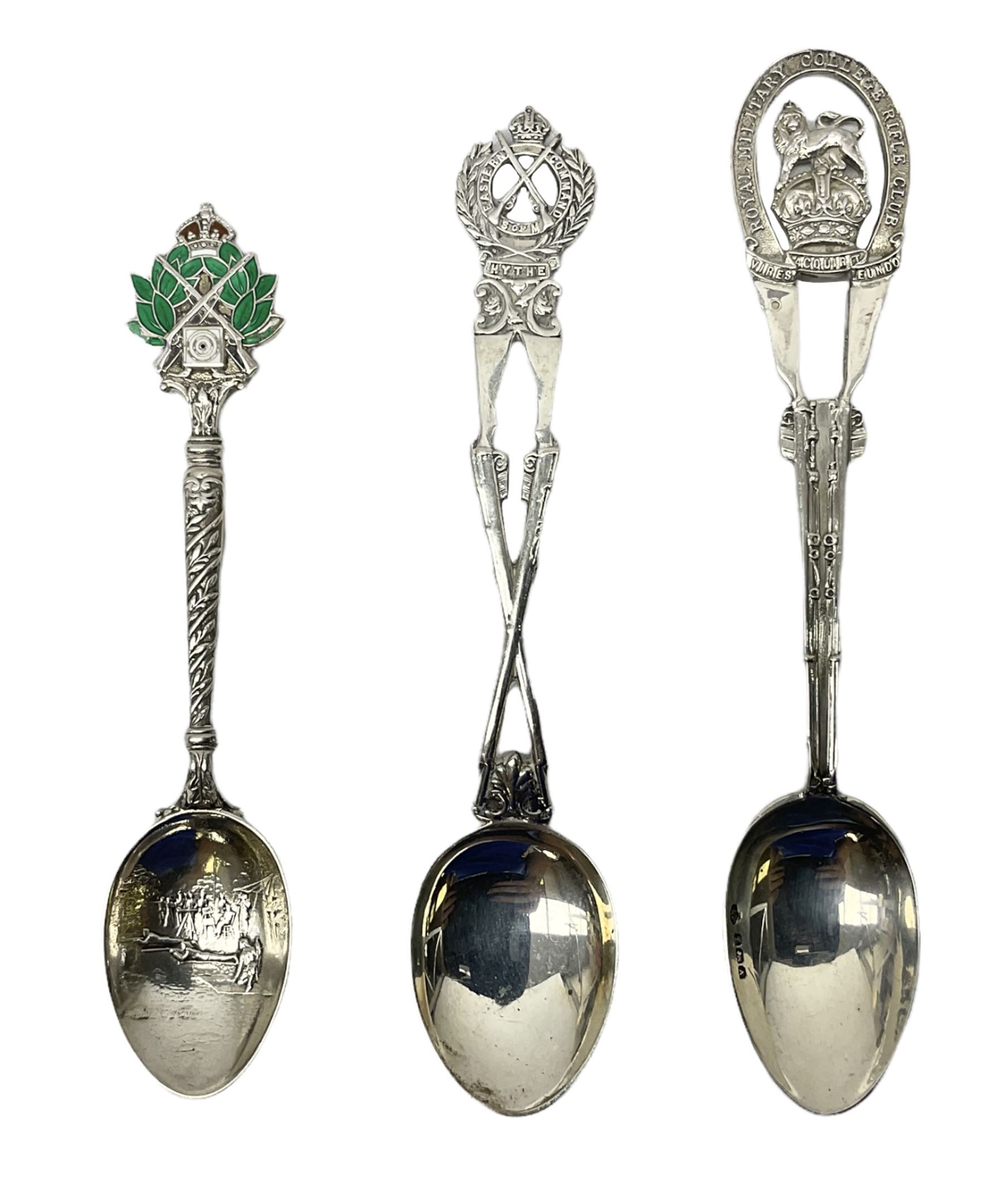 Three hallmarked silver shooting spoons including Royal Military College Rifle Club, Eastern Command S. of M. Hythe etc (3)