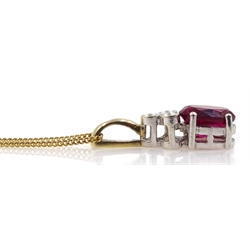Gold ruby and diamond pendant necklace, pair of matching earrings and a similar ruby ring, all hallmarked 9ct