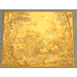  French Panneaux Gobelins machine woven tapestry wall hanging, depicting a lake scene, surrounded by wildlife, with a town and windmill in the distance, bearing label, L124cm x H98cm   