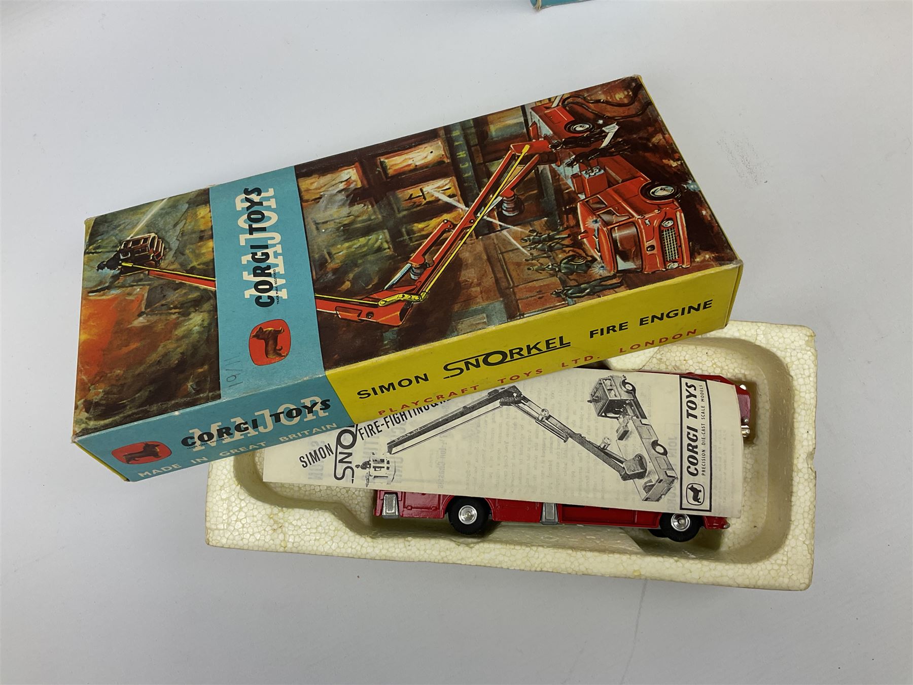 Corgi Major - Simon Snorkel Fire Engine No.1127 with figure and instruction leaflet; and Ford Tilt Cab 'H' Series with detachable trailer No.1137 with figure, inner diorama and packaging; both boxed (2)