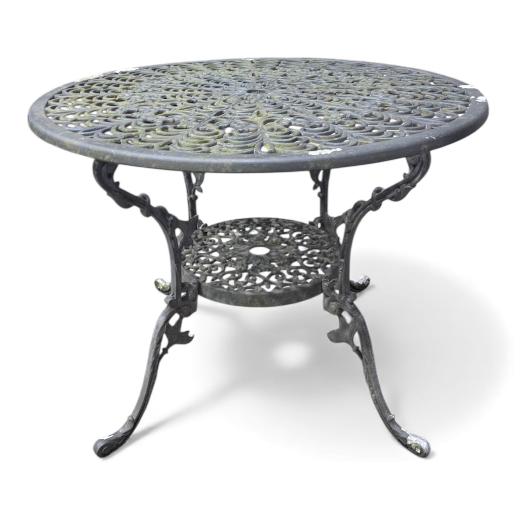 Cast aluminium garden table and four chairs in dark grey