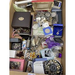 Costume jewellery including necklaces, earrings, brooches, wristwatches etc, coins including commemorative crowns and various other miscellaneous items, in two boxes