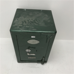 Victorian E.Hipkins & Co Dudley' cast iron safe, single hinged door enclosing drawer, green painted finish (W47cm, H67cm, D48cm) with key
