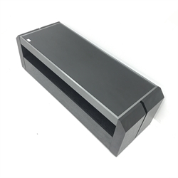 Black stained oak console entertainment unit, canted corners, shelf above single drawer, W130cm, H43cm, D46cm