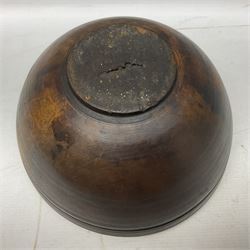 19th century pole lathe turned sycamore bowl, the interior housing lead liner, the exterior decorated with bands of deep grooves, D28cm