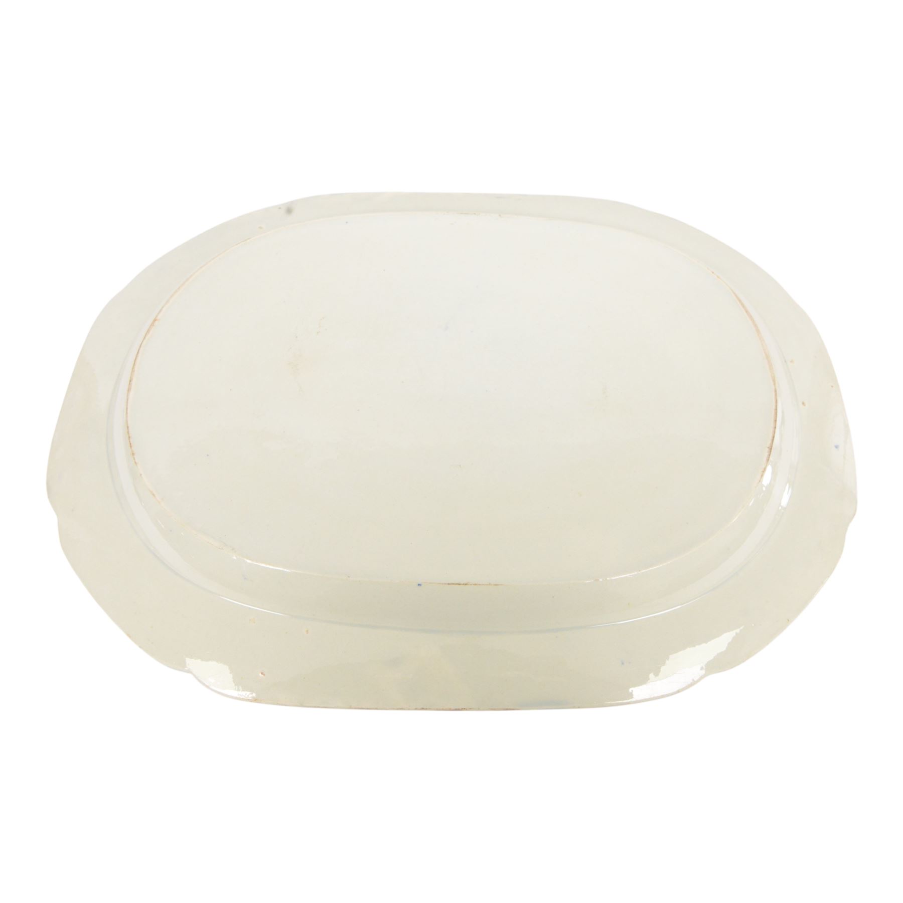 Pair of large 19th century blue and white platters, decorated in the Long Bridge pattern with pagodas, boats and figures, within a decorative border with scrolls, D39.5cm W52cm