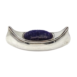 Edwardian silver pin cushion, in the form of a canoe by Cornelius Desormeaux Saunders & James Francis Hollings (Frank) Shepherd, Birmingham 1904