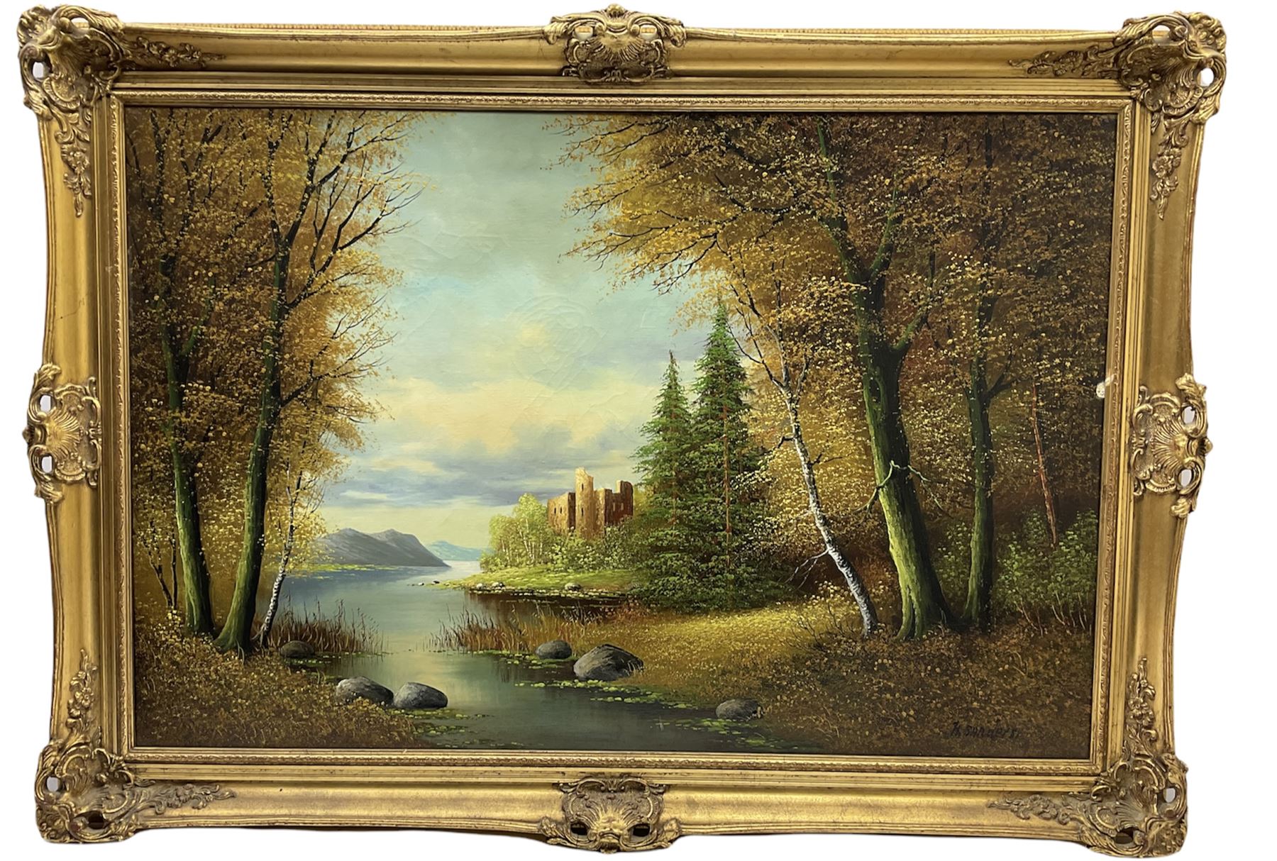 H Sanders (Continental 20th century): Castle in Highland River Landscape, oil on canvas signed 60cm x 91cm