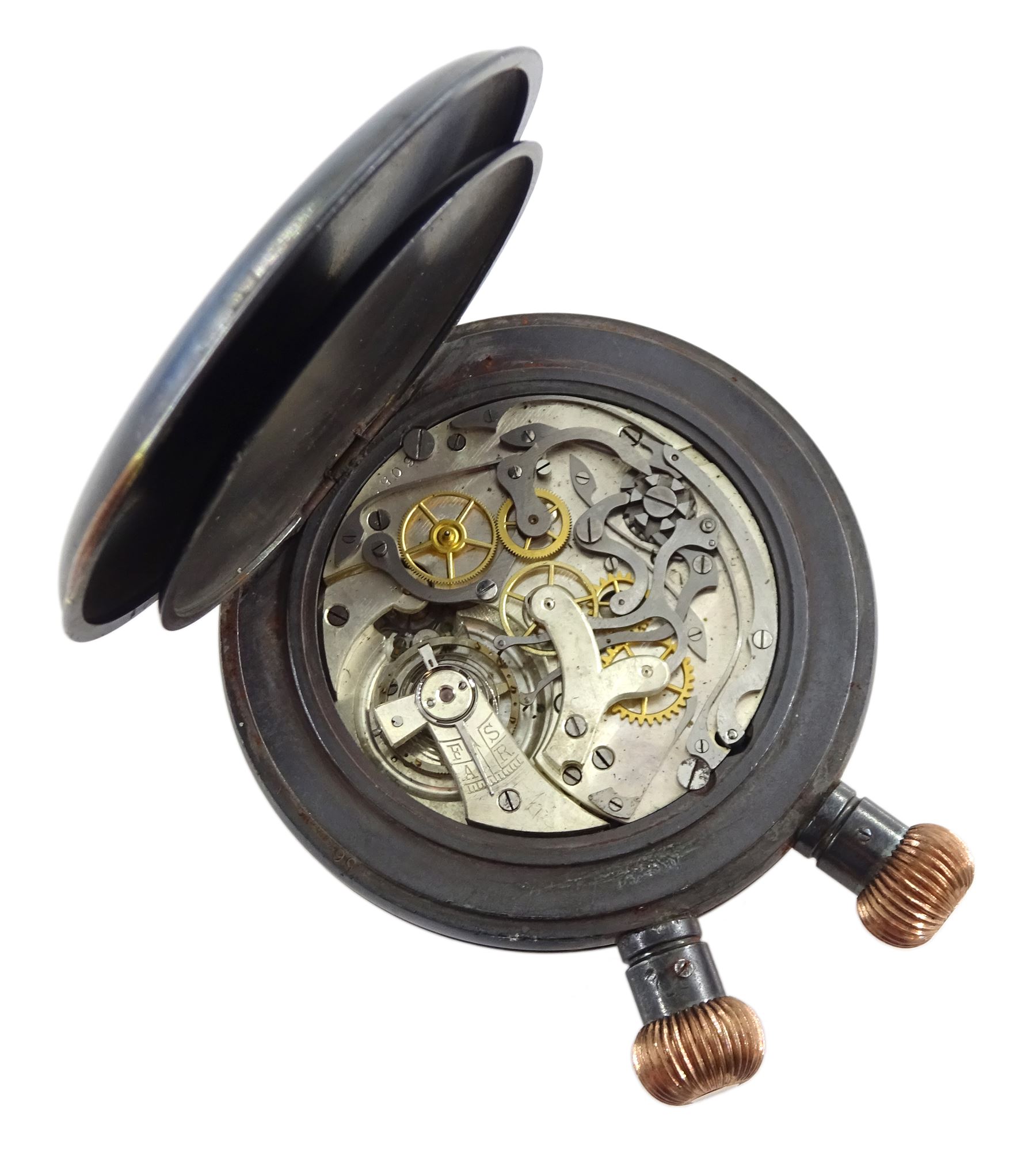 Semikrograph military gun metal 1/50 second stop watch, patent No.73392/93,  back case stamped E & M 1051, inner case stamped 83905, movement No. 6050