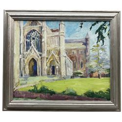 Pamela Chard (British 1926-2003): St Albans Cathedral, oil on board unsigned 49cm x 60cm
Provenance: studio collection of the late William Chard, the artist's husband
Notes: Chard was a British artist and teacher married to fellow artist William Chard (1923-2020). The couple met at the Redfern Gallery in Cork Street, London, and went on to study under several important artists such as Henry Moore, Ceri Richards, and Vivian Pitchforth. They were both active members of 'The Arts Council of Great Britain', and exhibited with the London Group and Drian Gallery.