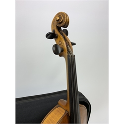Late 19th century continental violin, possibly Italian, with 36cm two-piece maple back and ribs and spruce top, bears label 'Antonius Stradivarius Anno 1721', 60cm overall; in modern carrying case with silver mounted pernumbuco bow