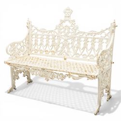 Victorian revival heavy cast iron garden bench, ornate back rest with scrolls, floral moti...
