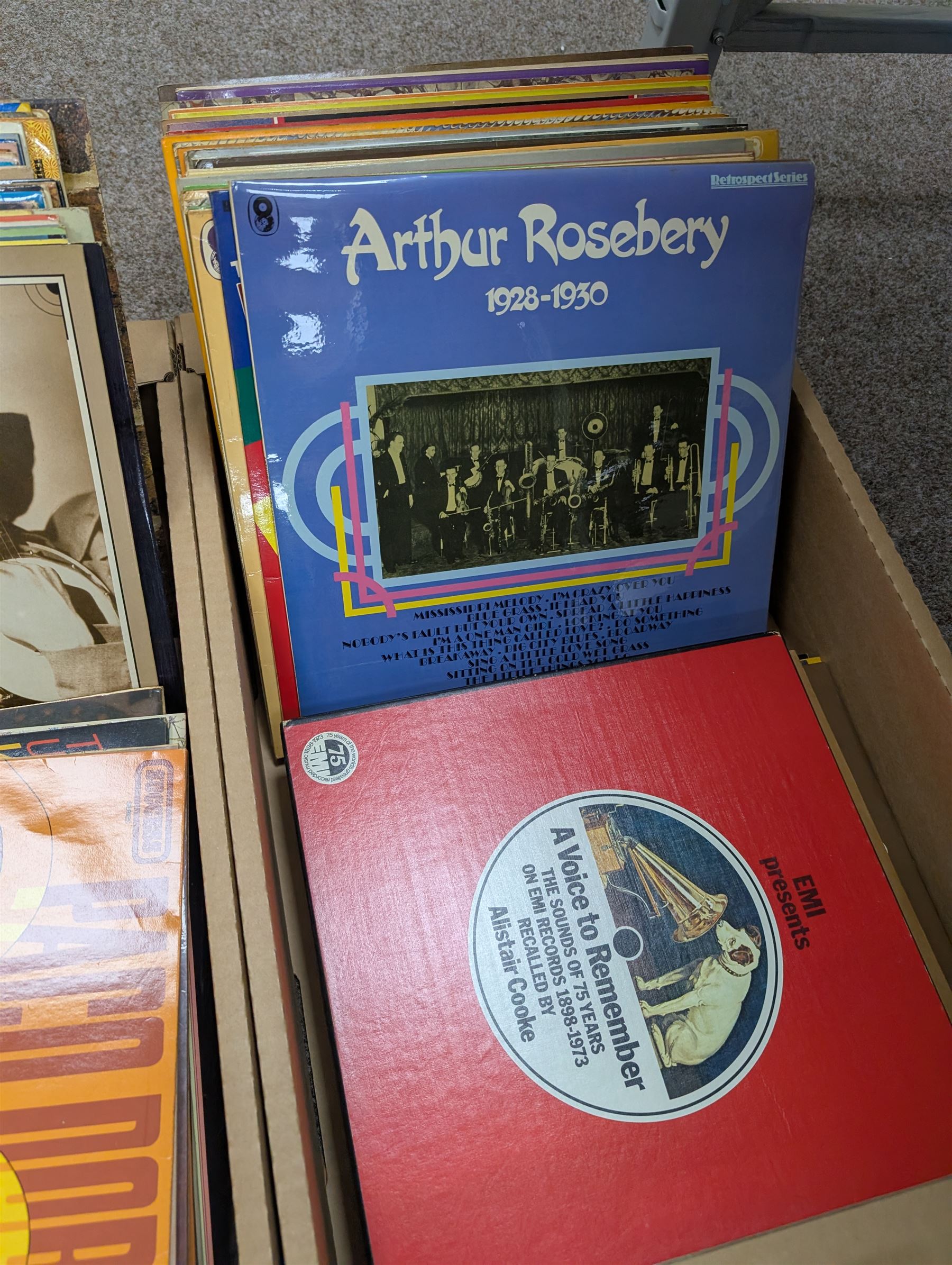 Collection of vinyl records, including Johnny Mathis, George Formby, Arthur Rosebery, Herb Alpert, etc in three boxes