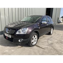 2009 Nissan Qashqai N-Tec 4WD CVT. 5 door hatchback, 4 wheel drive automatic, metallic black, 2 litre petrol, 2 keys, V5 present. Personalised plate BT07 BGT. Service History, New battery fitted. 45,600 miles. Selling on behalf of the executors of a local estate.

Alternative buyers premium rate applies of 10% + VAT. - THIS LOT IS TO BE COLLECTED BY APPOINTMENT FROM DUGGLEBY STORAGE, GREAT HILL, EASTFIELD, SCARBOROUGH, YO11 3TX
