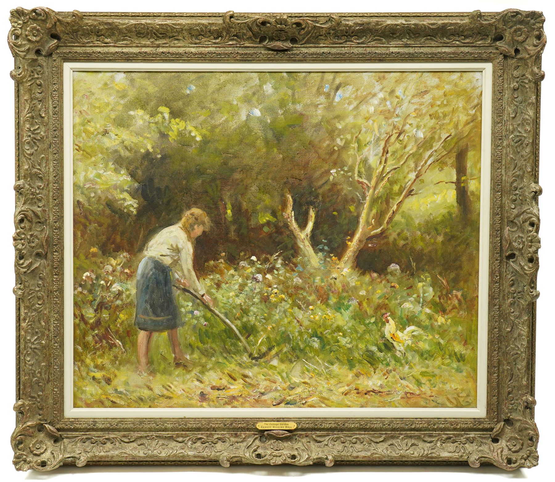 Ernest Higgins Rigg (Staithes Group 1868-1947): 'The Cottage Garden', oil on canvas unsigned 62cm x 75cm 
Provenance: from the family of the artist 
Notes: the painting depicts the artist's wife at work in their garden in Devon.