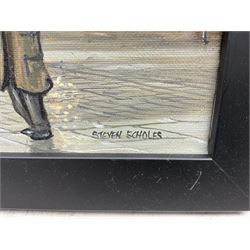 Steven Scholes (Northern British 1952-): 'Lamplighter at All Saint's -Manchester 1953', oil on canvas signed, titled verso 19cm x 29cm