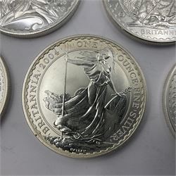 Five Queen Elizabeth II United Kingdom one ounce fine silver Britannia two pound coins dated 2002, 2003, 2004, 2005 and 2006