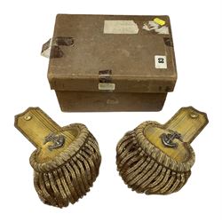 Pair of Royal Navy junior officer's bullion dress epaulettes with button above a silver bullion fouled anchor; in original cardboard box bearing remains of label 'Lieutenant J. ???'