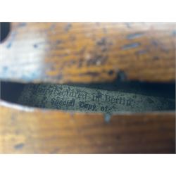Late 19th century German trade violin c1890 with 36cm two-piece birds-eye maple back, neck and ribs and spruce top; bears label 'Manufactured in Berlin Special Copy of Nicolaus Amati' L59.5cm; in carrying case