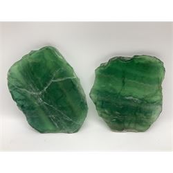 Pair of green fluorite slices, polished with rough edges, H16cm, L17cm  