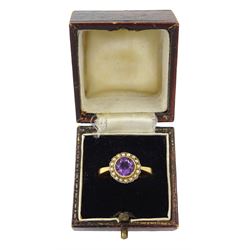 Early 20th century gold amethyst and seed pearl cluster ring, the 22ct gold shank dated 1920, boxed 
