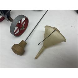 Mamod TE1a steam traction engine with burner, bunker, steering rod and funnel; red and black painted Tri-ang tin-plate Jones KL44 mobile crane; and two Hull Savings Bank Home Safe money boxes; all unboxed (4)