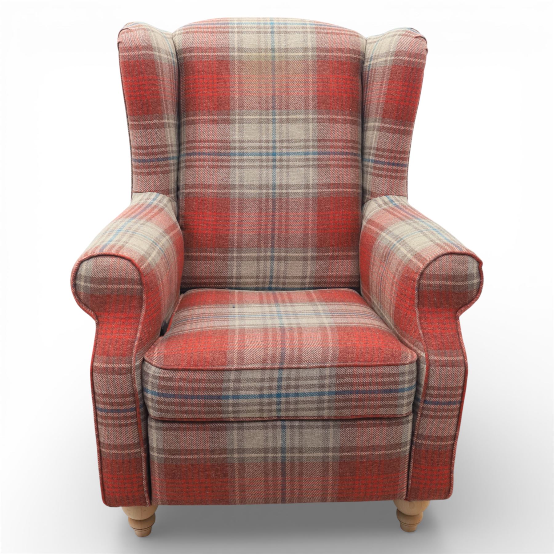 Next Home - Contemporary wingback reclining armchair, high winged back with padded sides, scroll arms, upholstered throughout in red and beige check fabric, loose seat cushion, fitted with a reclining mechanism, raised on short turned wooden 
