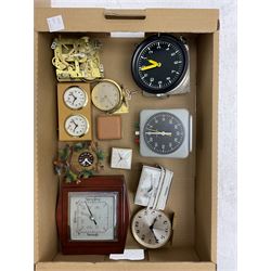 Various 20th-century mantle clocks, clock and watch parts, watch straps, tools and miscellaneous workshop equipment plus a 20th-century wall clock and hall barometer with clothes brushes.