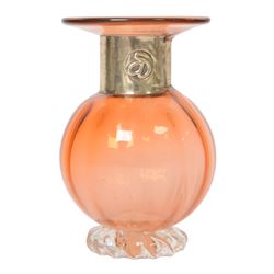 Anthony Stern (British 1944-2022); hand blown orange art glass vase with a metal collar, s...