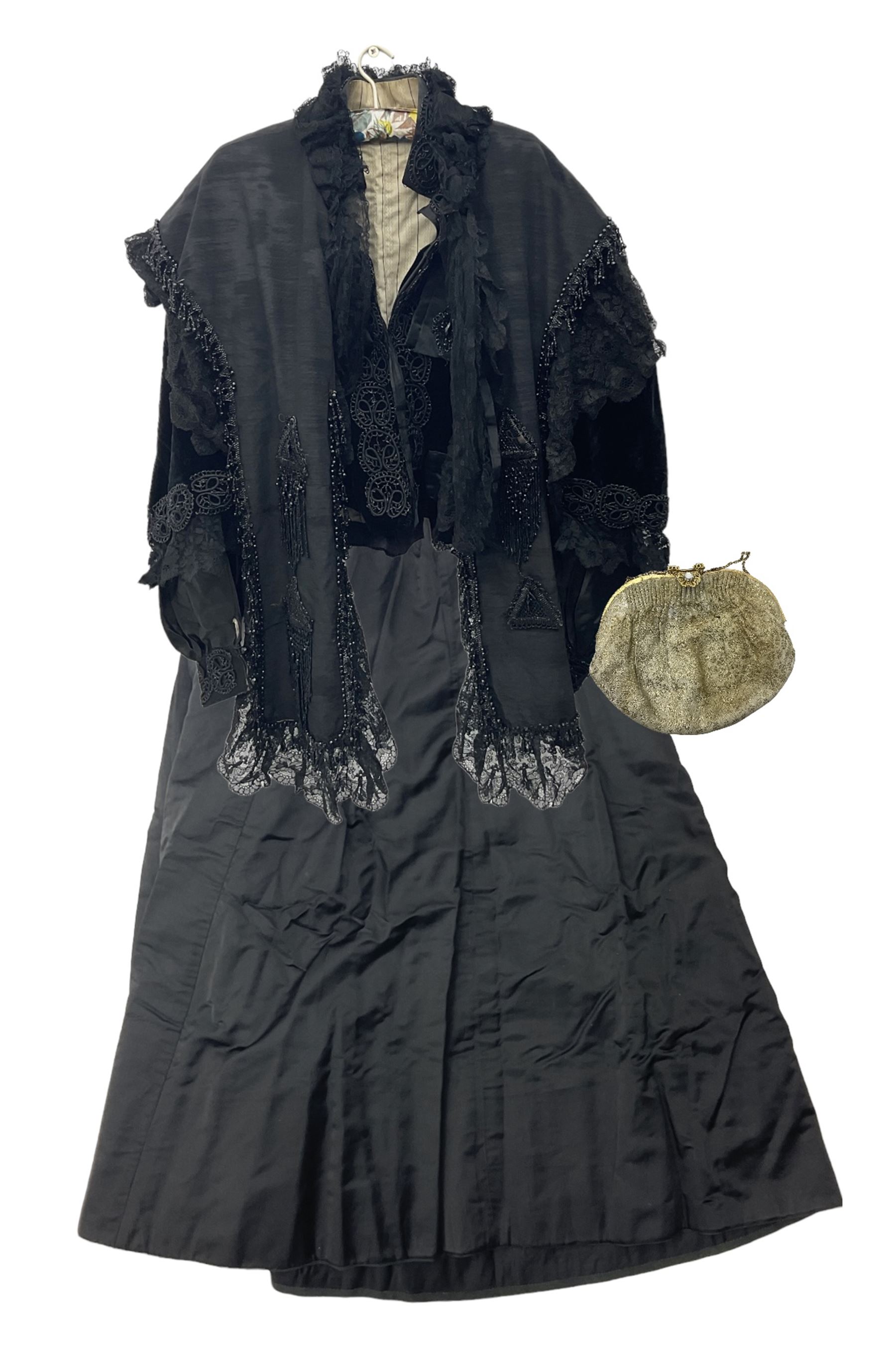 Victorian three piece mourning dress, with lace trim and jet beading, including velvet coat with satin collar panels and cuffs, the nipped waist with boning and slight flared peplum, heavily embellished beaded high neck collar, and ladies embroidered silk lined purse with gilt handle, mount and clasp