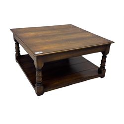 Oak coffee table, square moulded top on turned supports united by undertier 