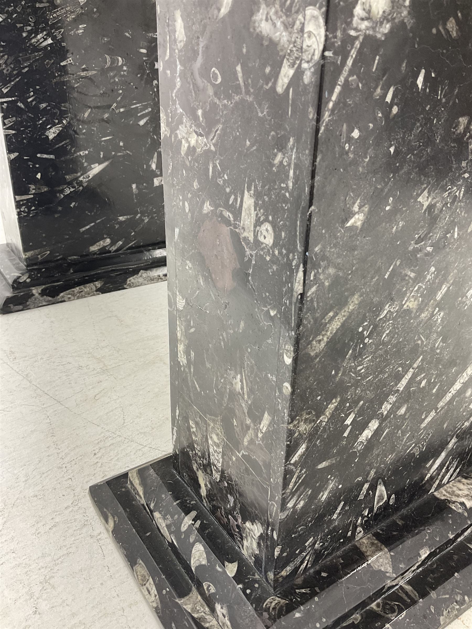 Marble hall table with orthoceras and goniatite inclusions, the rectangular top upon two rectangular stepped plinths, H75cm, L135cm, D78cm 