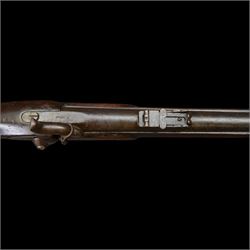 19th century Enfield percussion rifle, the 99cm barrel with three barrel bands, fore sight and rear sight, ramrod under, full walnut stock with brass butt, carrying sling brackets, action marked '1855 Tower' with Victoria cypher, overall L138cm