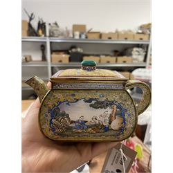 Chinese Qianlong enamel bombé shaped teapot, decorated with scenes of scholars examining a scroll and drinking on a yellow ground with various traditional floral and foliate motifs, the painted scene framed within trailing blue vine border, with Qianlong marks to base L15cm