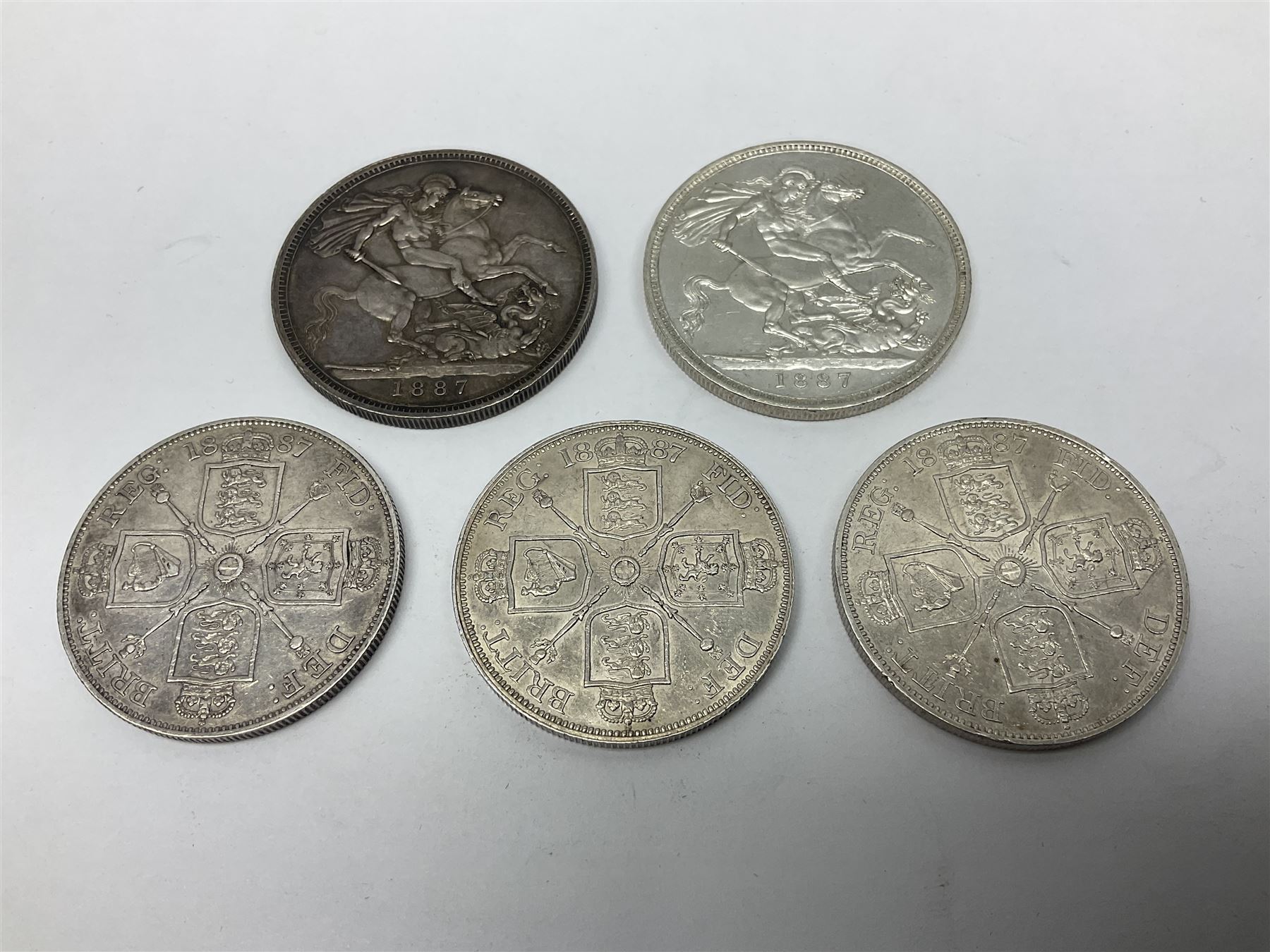 Two Queen Victoria 1887 crown coins and three 1887 double florin coins (5)