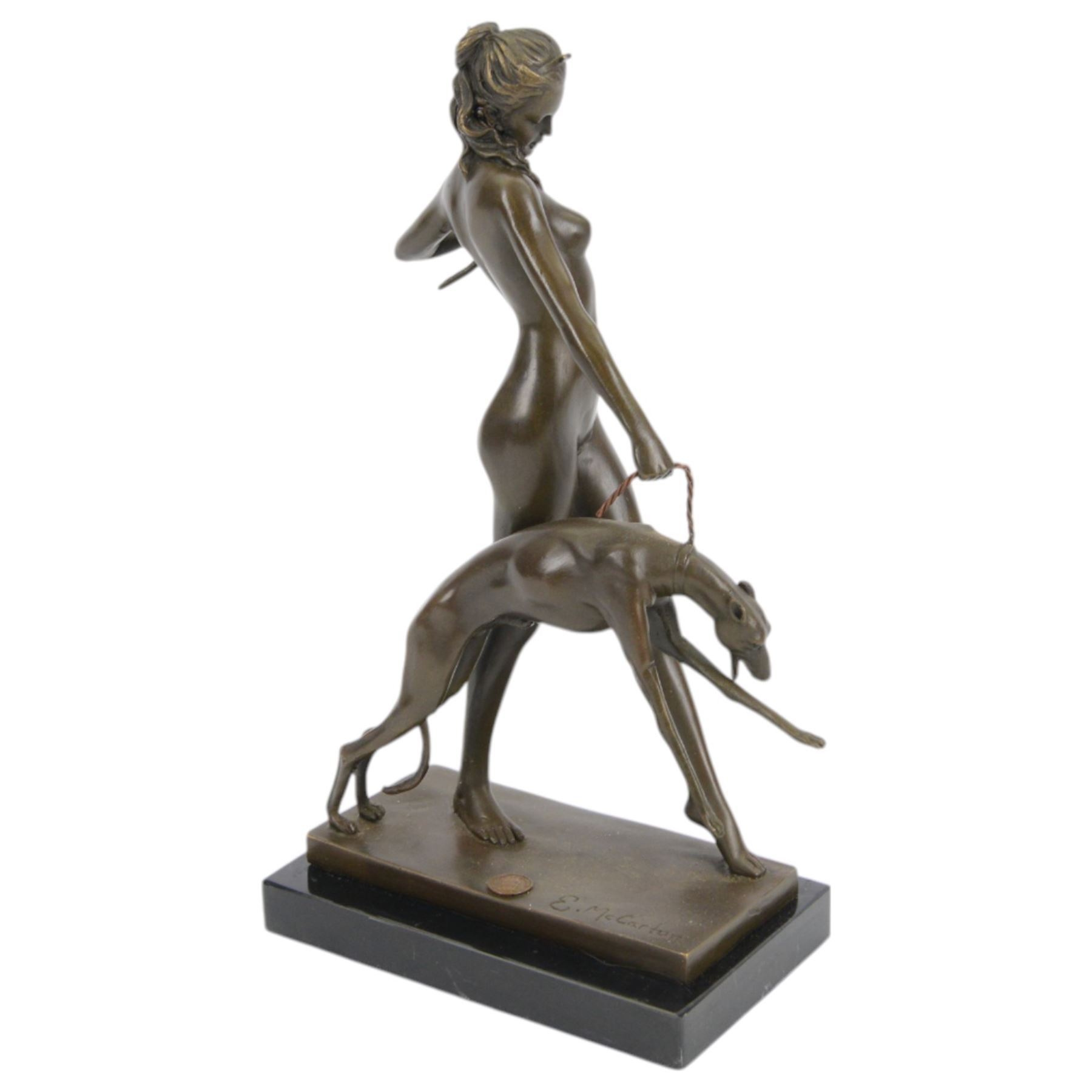 After Edward McCartan, Art Deco style bronze figure, Diana and the Hound upon a marble base, signed and with foundry mark, H31cm