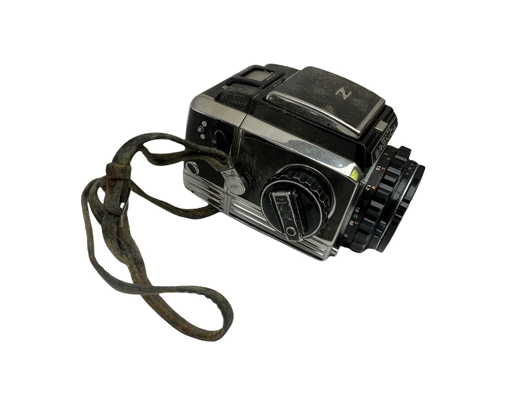 Zenza Bronica S2A medium format camera body, with Nikkor-P '1:2.8 f-75mm' lens, Zenza Bronica Zenzanon MC '1:3.5 f-150mm lens, Zenza Bronica Tele-Converter-E 2x, and two additional film cases. in a Billingham camera bag