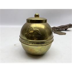 Victorian Queen Victoria record reign horse brass and H&SNCC Parade Badge of Merit 1911 horse brass, both on leather strap, together with 1924 British Empire Exhibition brass Lipton's souvenir tea caddy, strap L36cm