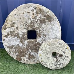 19th century weathered sandstone millstone and a smaller millstone  - THIS LOT IS TO BE COLLECTED BY APPOINTMENT FROM DUGGLEBY STORAGE, GREAT HILL, EASTFIELD, SCARBOROUGH, YO11 3TX