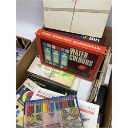 Daler Rowney artist's easel together with a collection of art supplies, including paints, brushes and books, two boxes. 